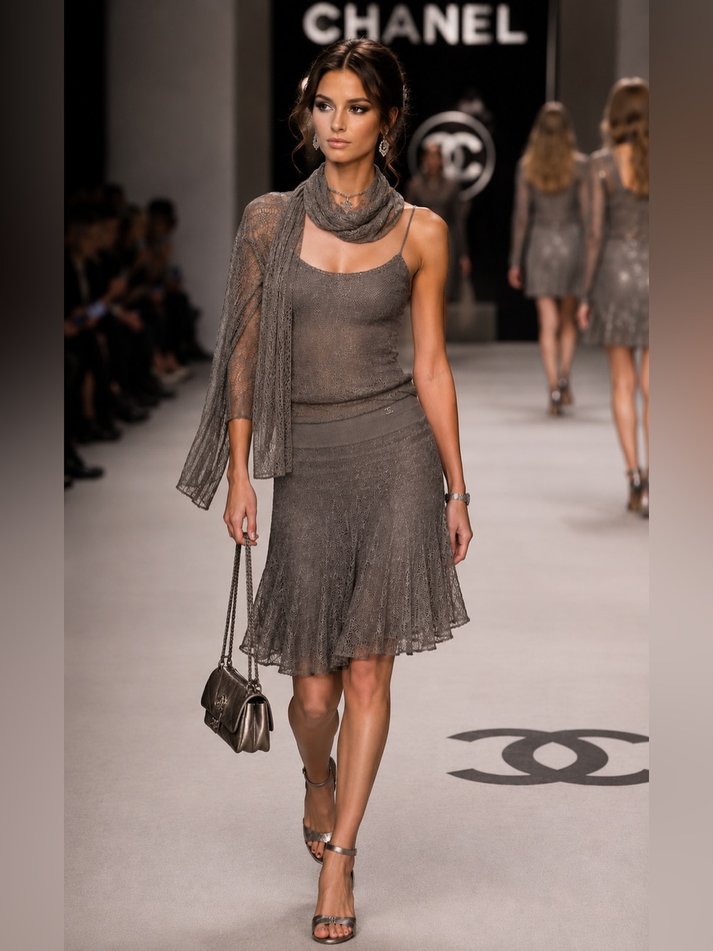 Rare Vintage CHANEL 04A Metallic Pewter Silver Dress & Matching Scarf Set FR36